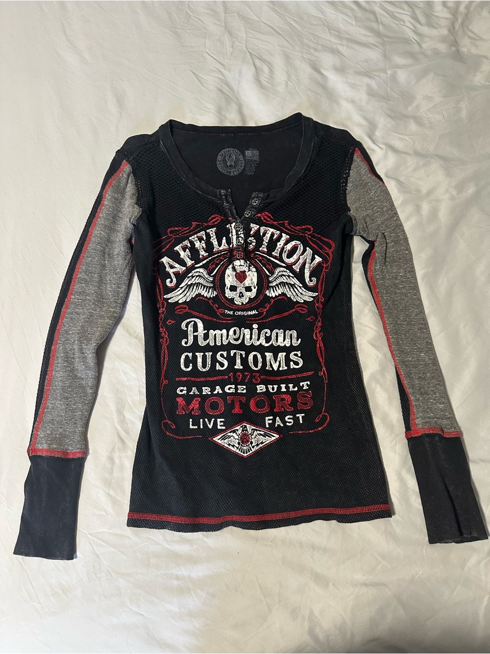 Affliction Y2K Black & Gray Long Sleeve Graphic Henley